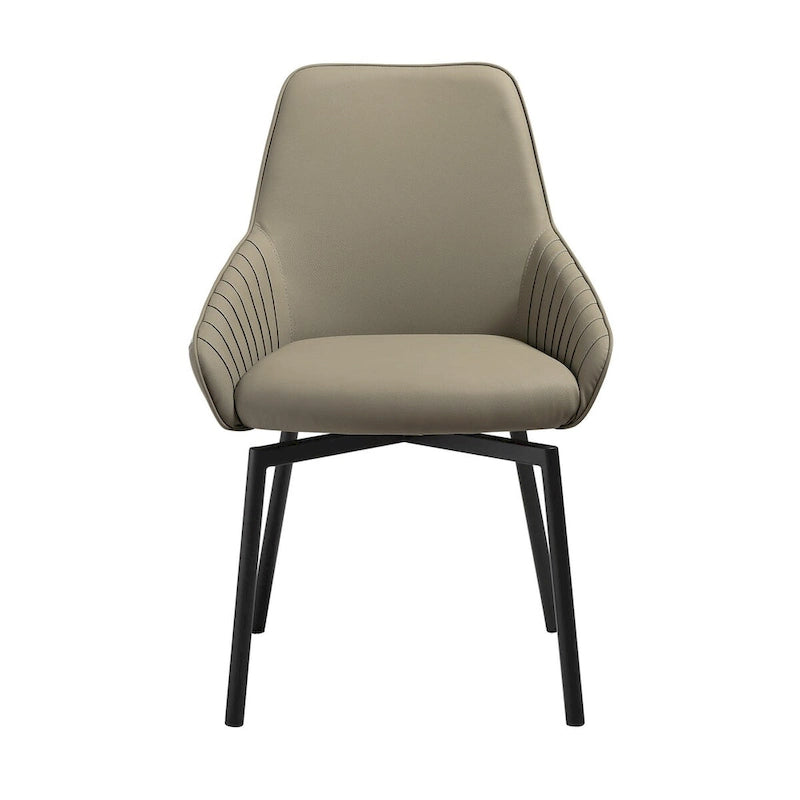 23 Inch Swivel Dining Chair of 2, Curved, Gray Faux Leather, Black