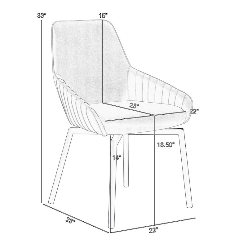 23 Inch Swivel Dining Chair of 2, Curved, Gray Faux Leather, Black