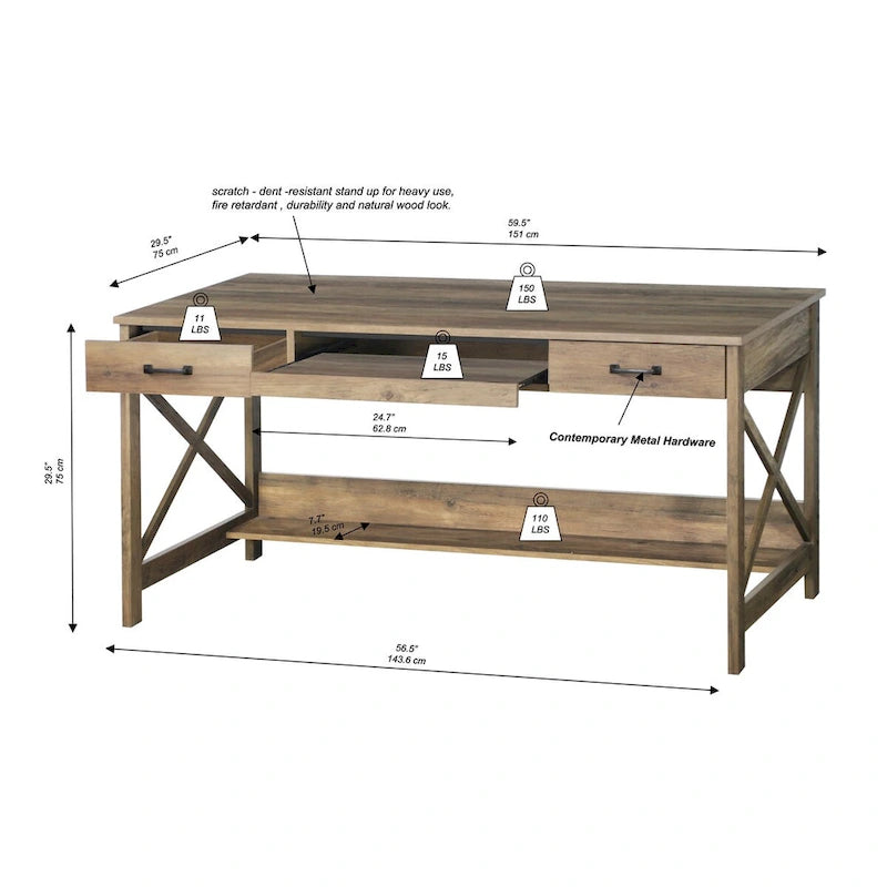 Alaska 59.5 Modern Farmhouse Writing Desk with Two Drawers