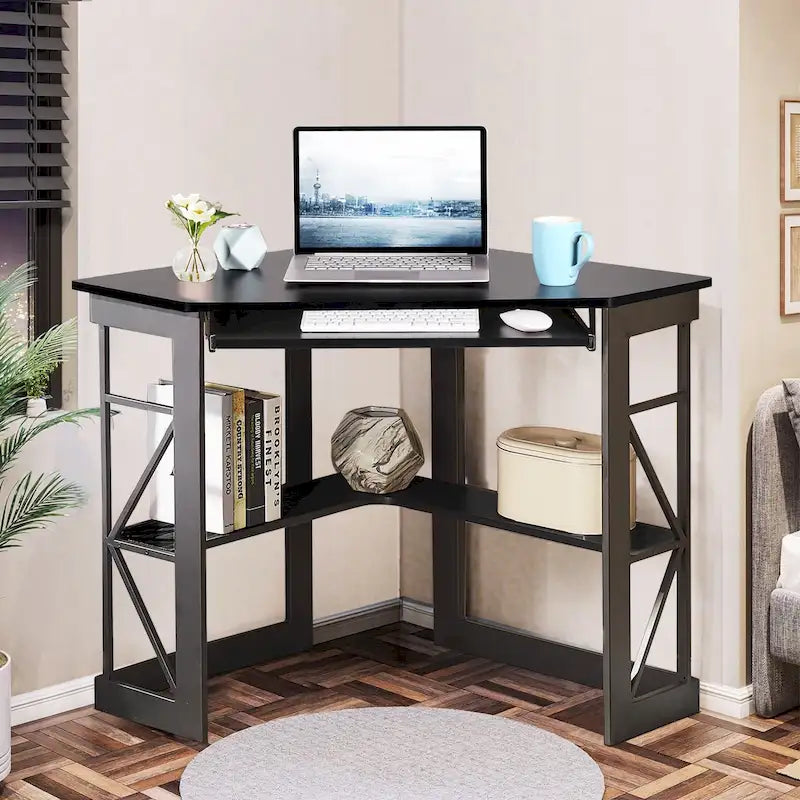Corner Desk with Keyboard Tray, Study Writing Computer Table for College Dorm Home Office
