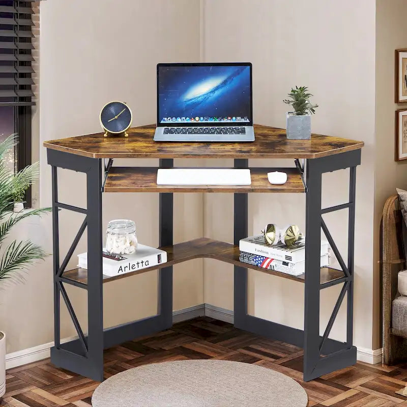 Corner Desk with Keyboard Tray, Study Writing Computer Table for College Dorm Home Office