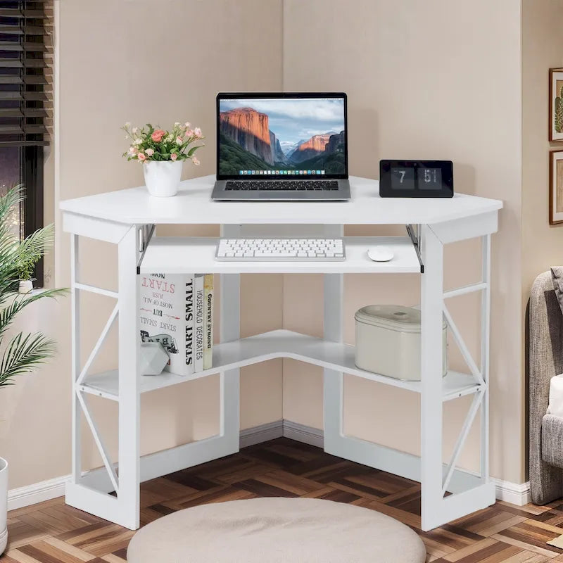 Corner Desk with Keyboard Tray, Study Writing Computer Table for College Dorm Home Office