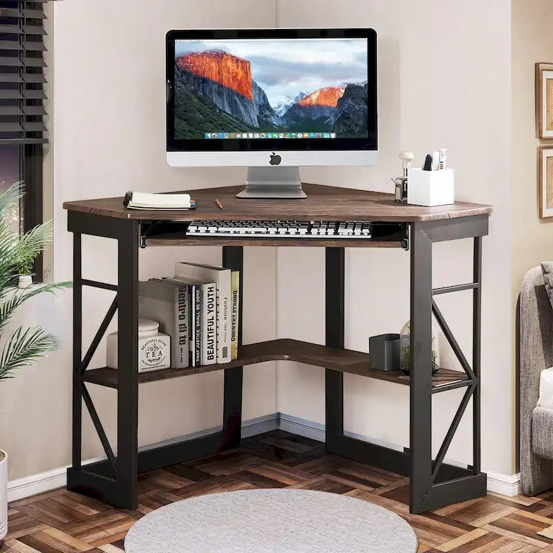 Corner Desk with Keyboard Tray, Study Writing Computer Table for College Dorm Home Office
