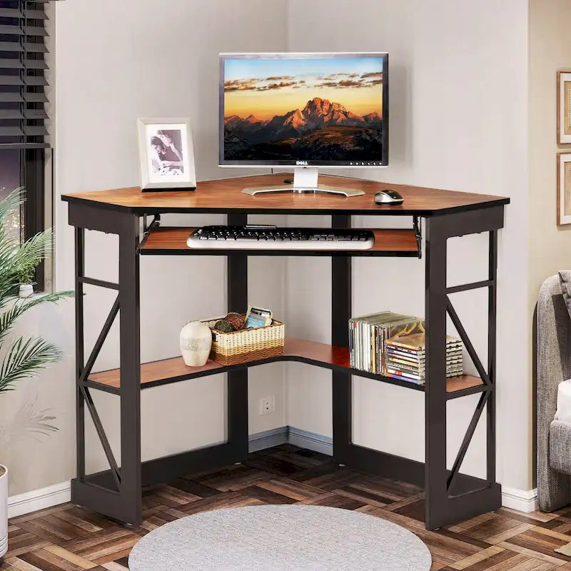 Corner Desk with Keyboard Tray, Study Writing Computer Table for College Dorm Home Office