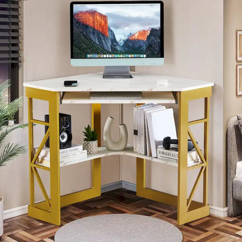 Corner Desk with Keyboard Tray, Study Writing Computer Table for College Dorm Home Office