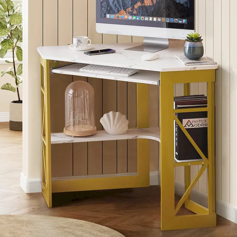 Corner Desk with Keyboard Tray, Study Writing Computer Table for College Dorm Home Office