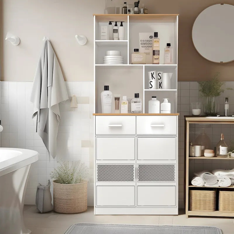 Mobiletto freestanding alto da 72 in lino, grande mobile contenitore da pavimento per casa, cucina, bagno e soggiorno, bianco