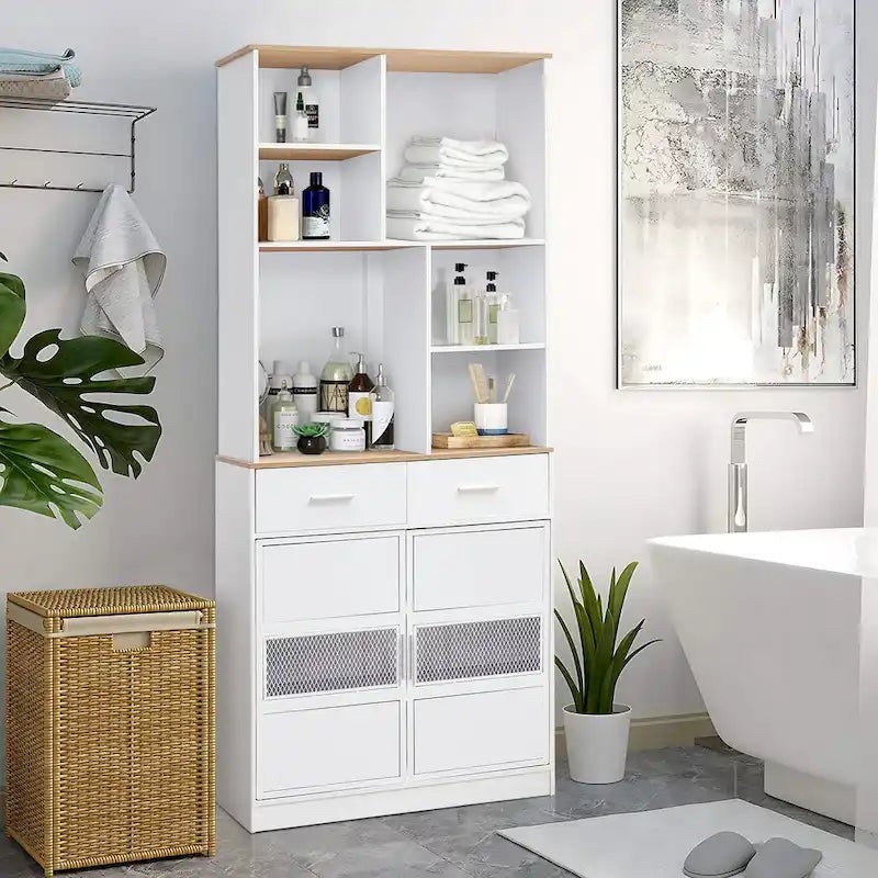 Mobiletto freestanding alto da 72 in lino, grande mobile contenitore da pavimento per casa, cucina, bagno e soggiorno, bianco
