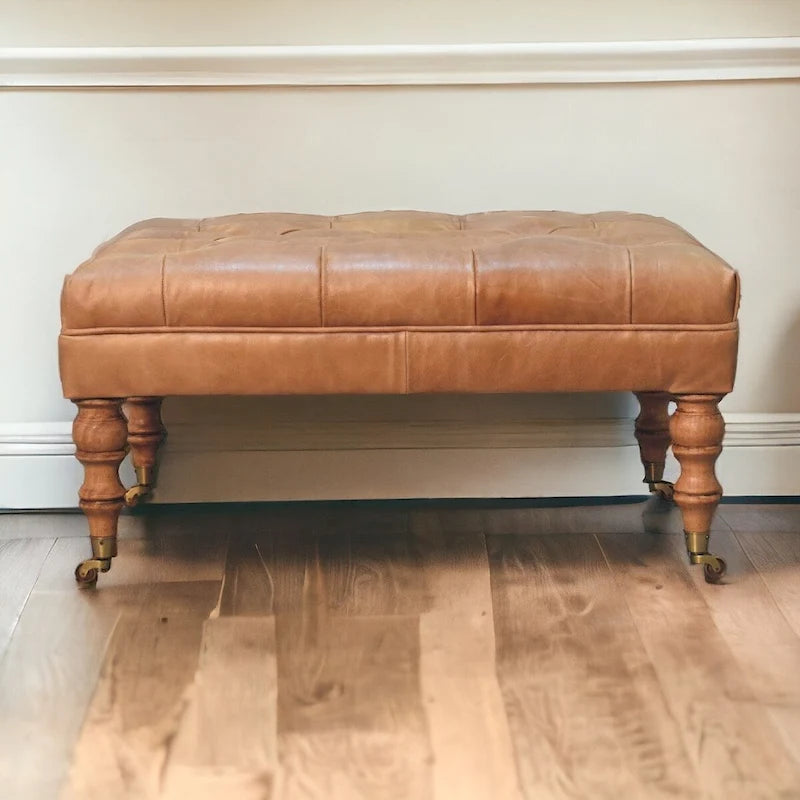 Solid Wood Buffalo Tan Leather Ottoman with Castor Legs