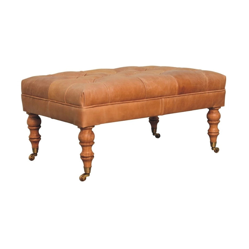 Solid Wood Buffalo Tan Leather Ottoman with Castor Legs