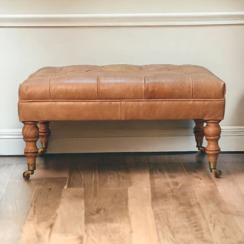 Solid Wood Buffalo Tan Leather Ottoman with Castor Legs