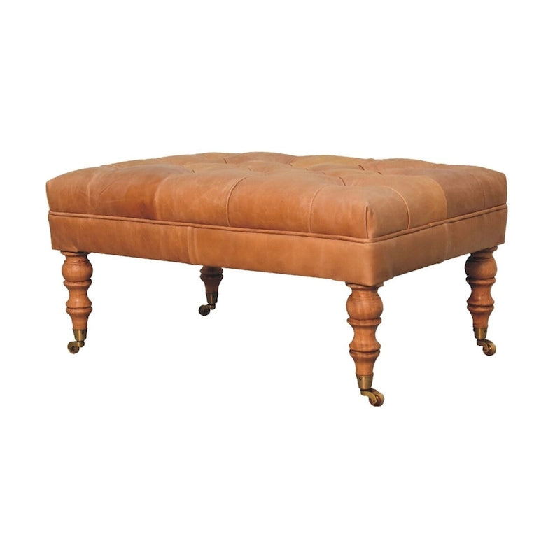 Solid Wood Buffalo Tan Leather Ottoman with Castor Legs