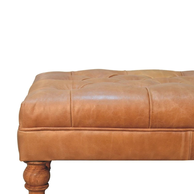 Solid Wood Buffalo Tan Leather Ottoman with Castor Legs